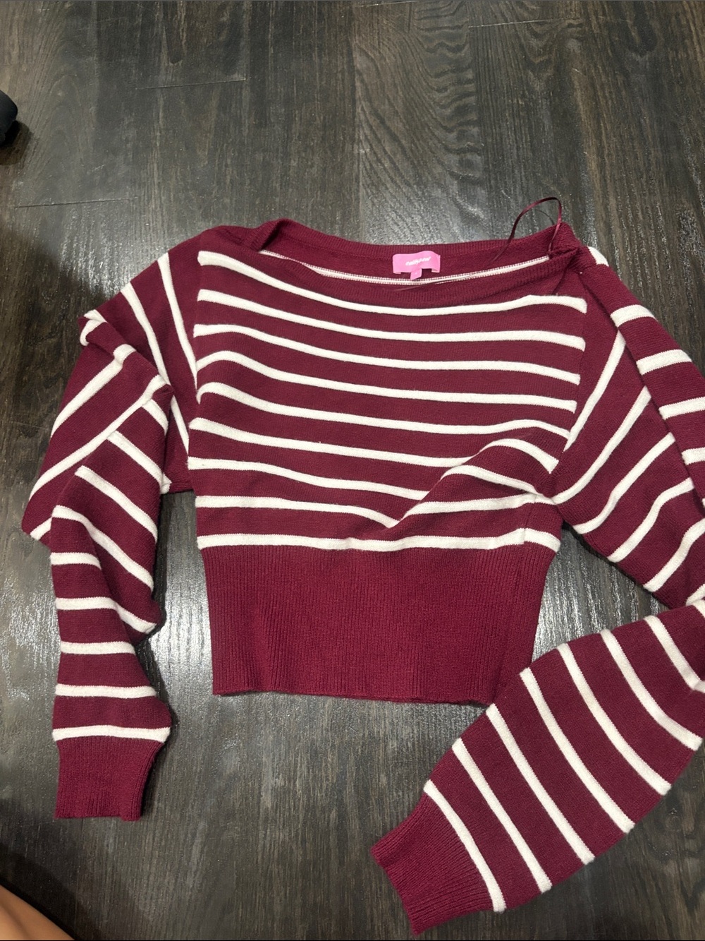 Edikted Striped Boatneck Cropped Sweater - Burgundy & Cream